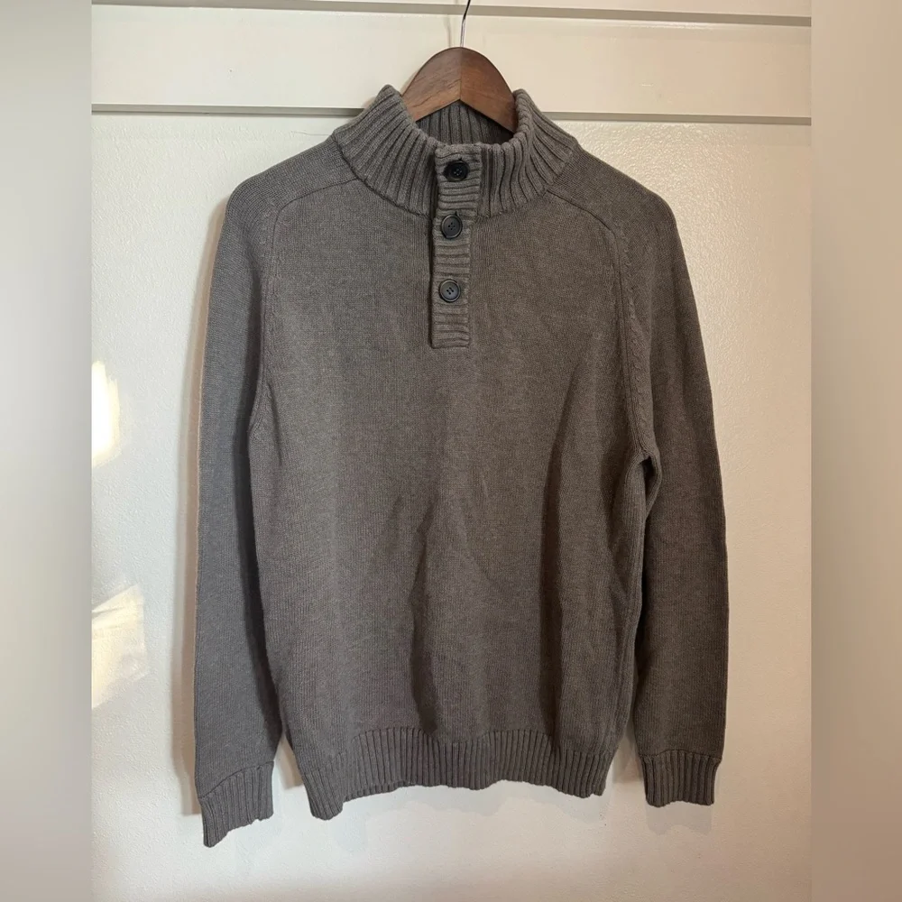 J.Crew Men’s Cotton Shawl Collar Sweater – Button Mock Neck Taupe Brown Size M